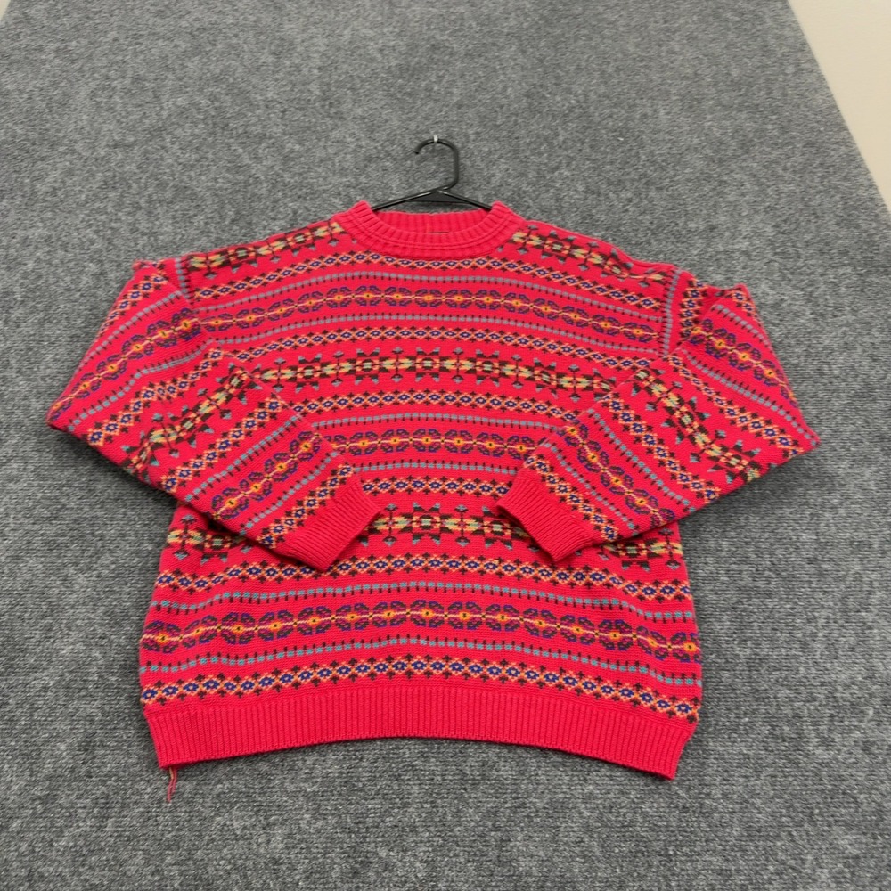 Vintage Eddie Bauer Sweater Mens M Red Cotton Fair Isle Crewneck Geometric‎ 90s